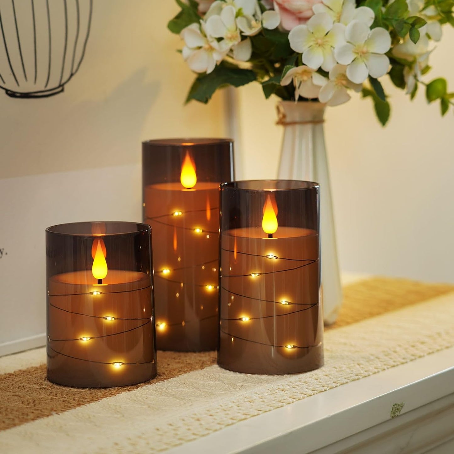 Amagic Red Flameless Candles 3 Set, Flickering Battery Operated Candles Embedded Fairy String Light, Realistic Pillar Candle with Remote Control and Timer, Acrylic, D3 x H4 5" 6"