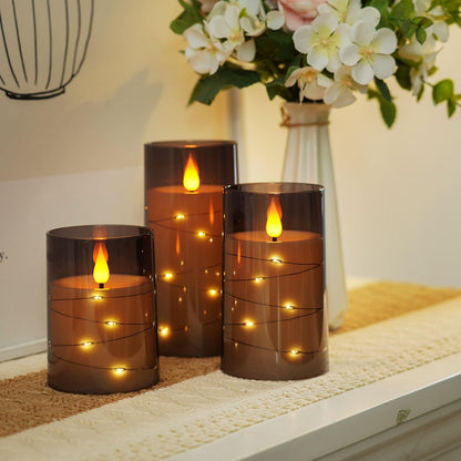Amagic Red Flameless Candles 3 Set, Flickering Battery Operated Candles Embedded Fairy String Light, Realistic Pillar Candle with Remote Control and Timer, Acrylic, D3 x H4 5" 6"