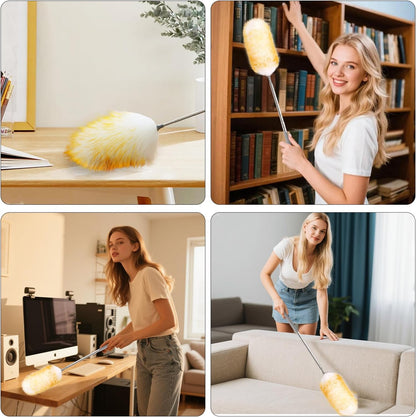 Extendable Lambswool Duster 29-110 Inch,Anti-Static Flexible Head, Stainless Steel Pole for Cleaning High Ceiling,Fan,Furniture,Roof Dusting