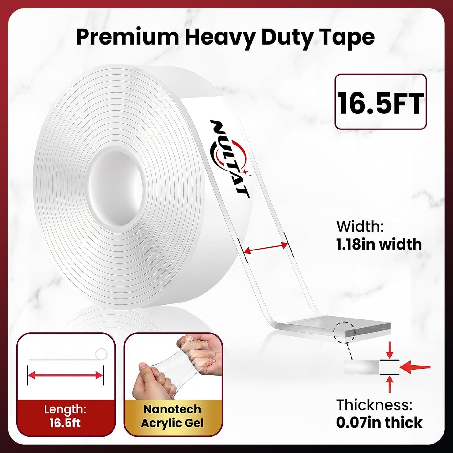 NULTAT Double Sided Tape Heavy Duty, Nano Reusable, Removable, Washable Double Stick Tape for Wall, Multipurpose Clear Adhesive High Temperature Tape 1.18" x 120"(10 Feet)