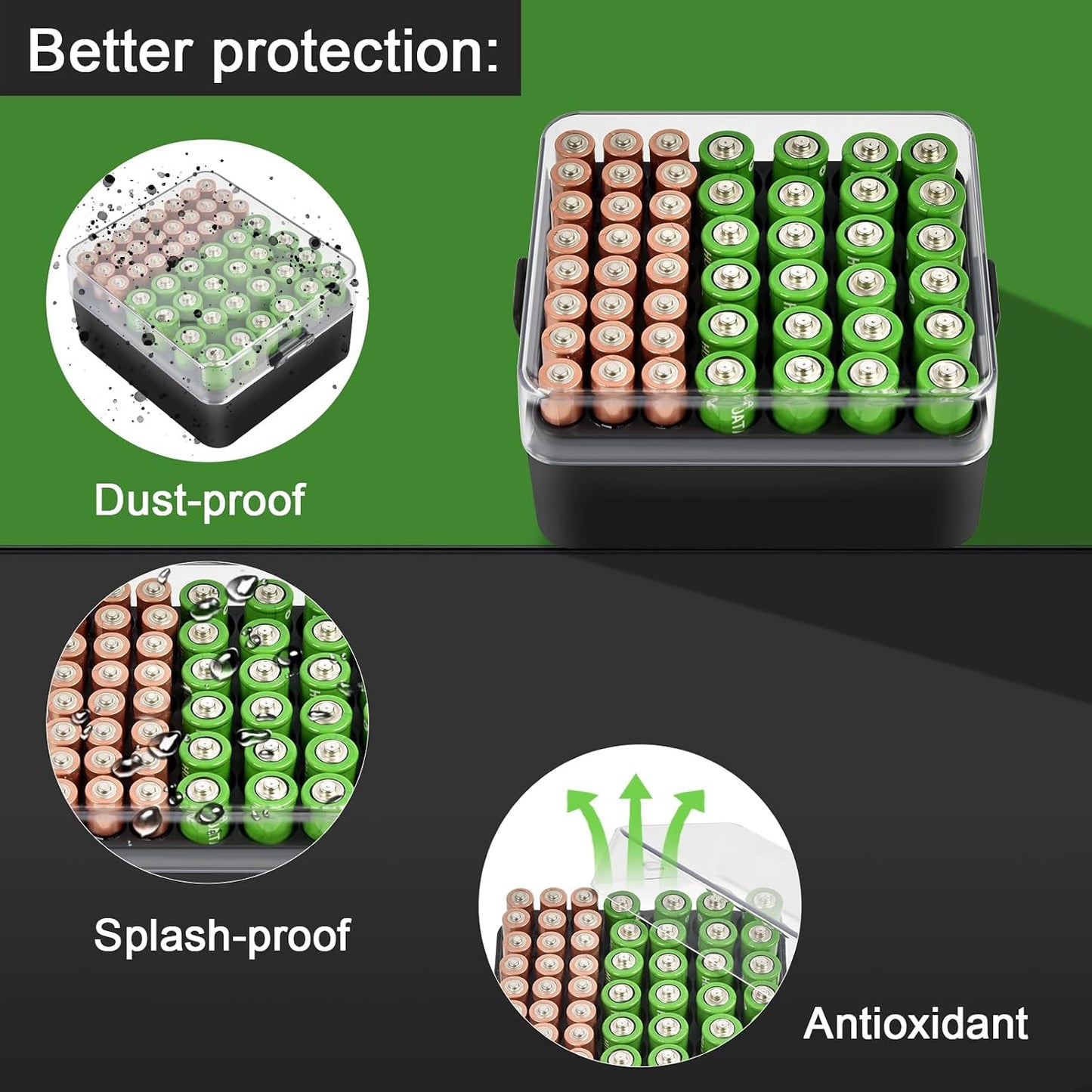 ALCYON Battery Organizer Storage Case, Battery Vault Box Container for 48pcs AA Batteries, Plastic Clear Protective Battery Holder for Travelling/Home/Office (Black, Large)