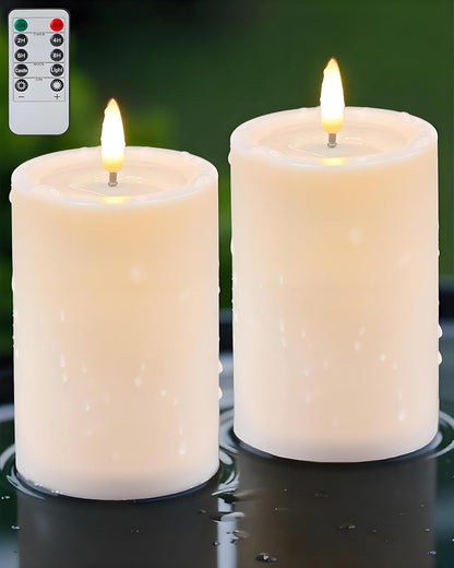 Gmnee 3"x6" Outdoor Waterproof Flameless Candles with Remote and Timers, LED Candles, Battery Operated Candles, Electric Fake Pillar Candles for Patio, Porch, and Lanterns Decor (White, Plastic)
