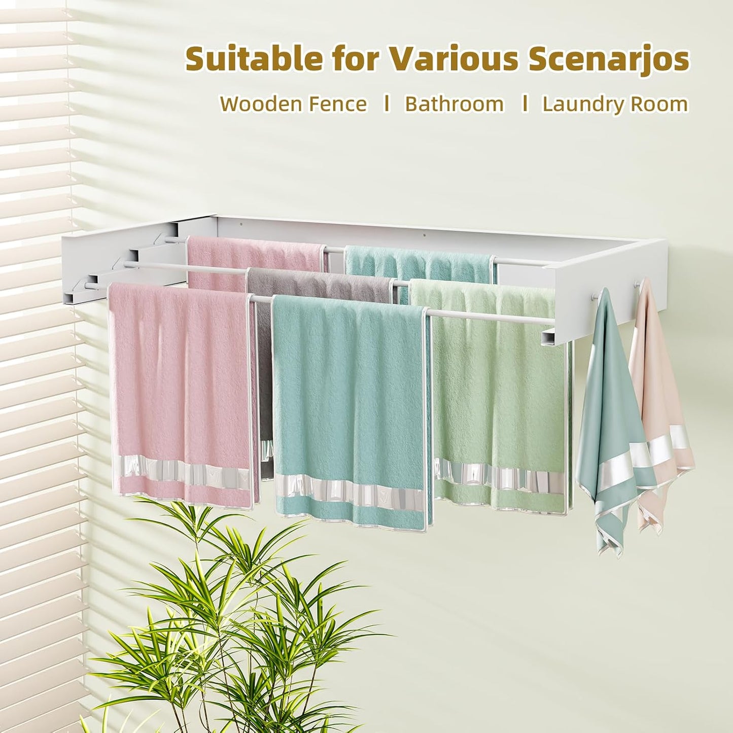 Wall Mounted Drying Rack 23.6'', Foldable Laundry Drying Rack Wall Mount with 4 Towel Hooks and 4 Rods, Space Saving Drying Rack Clothing for Indoor Outdoor Bathroom Balcony (White, 23.6'')