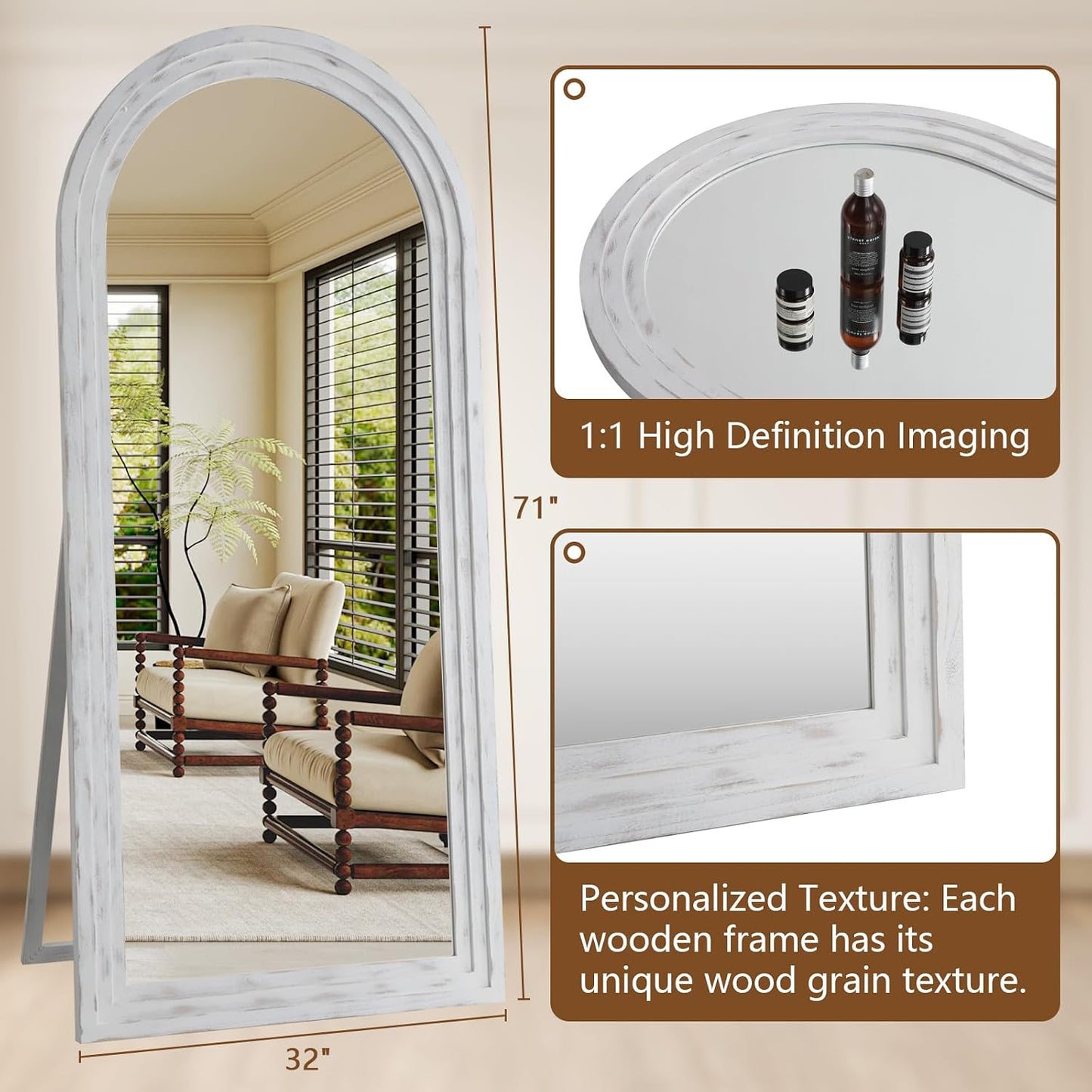 MELOMOIR Arched Full Length Mirror with Solid Wood Frame, 56"x21" Rustic Farmhouse Floor Mirror with Stand, Free Standing Leaning Hanging, for Bedroom Living Room Dressing Room Entryway, Brown