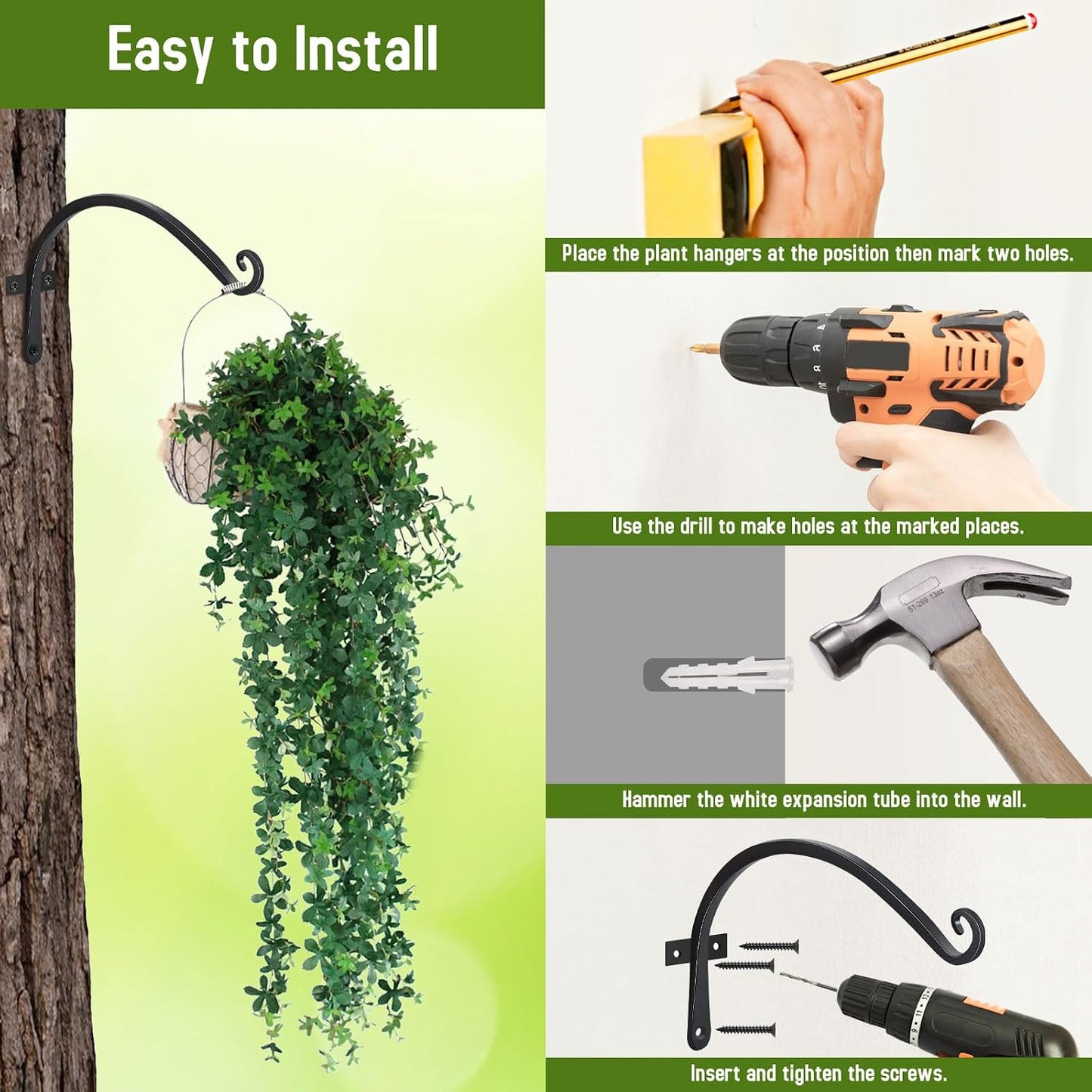 FEED GARDEN Heavy Duty Plant Hangers Outdoor Indoor, 8 Inch 2 Pack Metal Hanging Bracket Holds Up to 44 lbs, Wall Brackets for Hanging Baskets, Bird Feeders,Wind Chime& Lanterns, Black