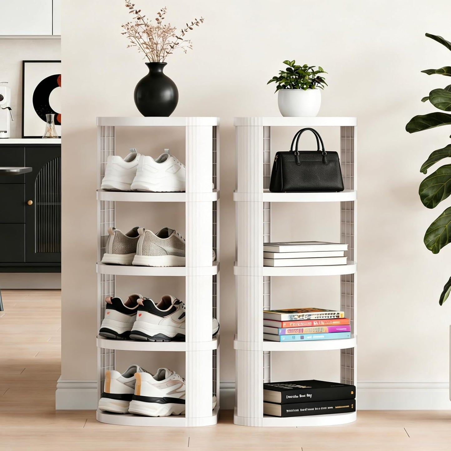 NestOrganix 10 Tier Vertical Shoe Rack, Stackable Narrow Shoe Rack Organizer for Entryway Closet Corner, Free Standing Shoe Rack Tower Shelf, Space Saving, Curved, Off White