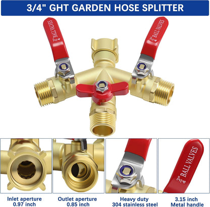 Hose Splitter 2 Way Heavy Duty, Full Flow Garden Hose Splitter with Large Easy-Turn Handle, 3/4 Inch GHT Brass Water Hose Splitter for Outdoor Faucet, Y Valve Hose Bib Splitter