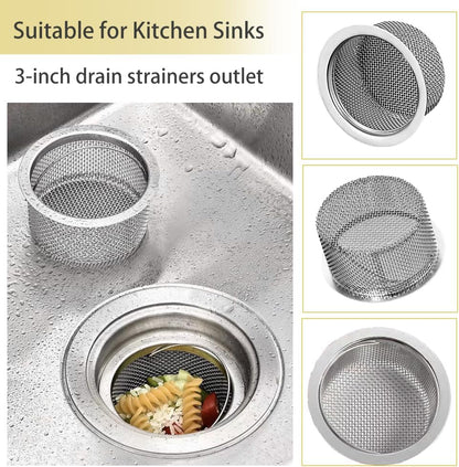Kitchen Sink Drain Strainer, Fine Mesh,Sink with Handle Food Collection Filter,Stainless Steel Accessories,3 Inch Mesh Sink Strainer, Dishwasher Washable（3-Pack）