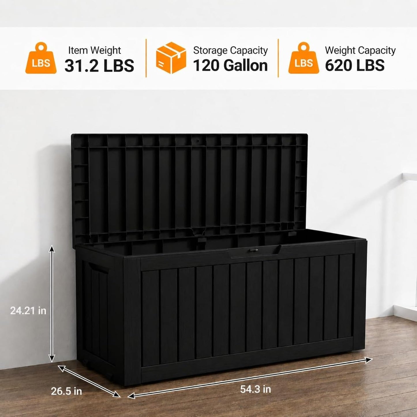 LAUSAINT HOME 320 Gallon Resin Deck Box, Package Delivery Box with Lockable Lid, Waterproof Outdoor Storage Box For Garden Tools, Patio Cushions(320 Gallon,Black)