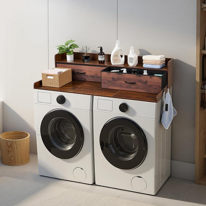 VEVOR Washer Dryer Countertop with 2-Tier Shelf, 54" x 27" Wooden Washer and Dryer Countertop with Anti-Slip Pads, Water-Resistant Laundry Topper Cover for Laundry Room Organization and Storage, Black