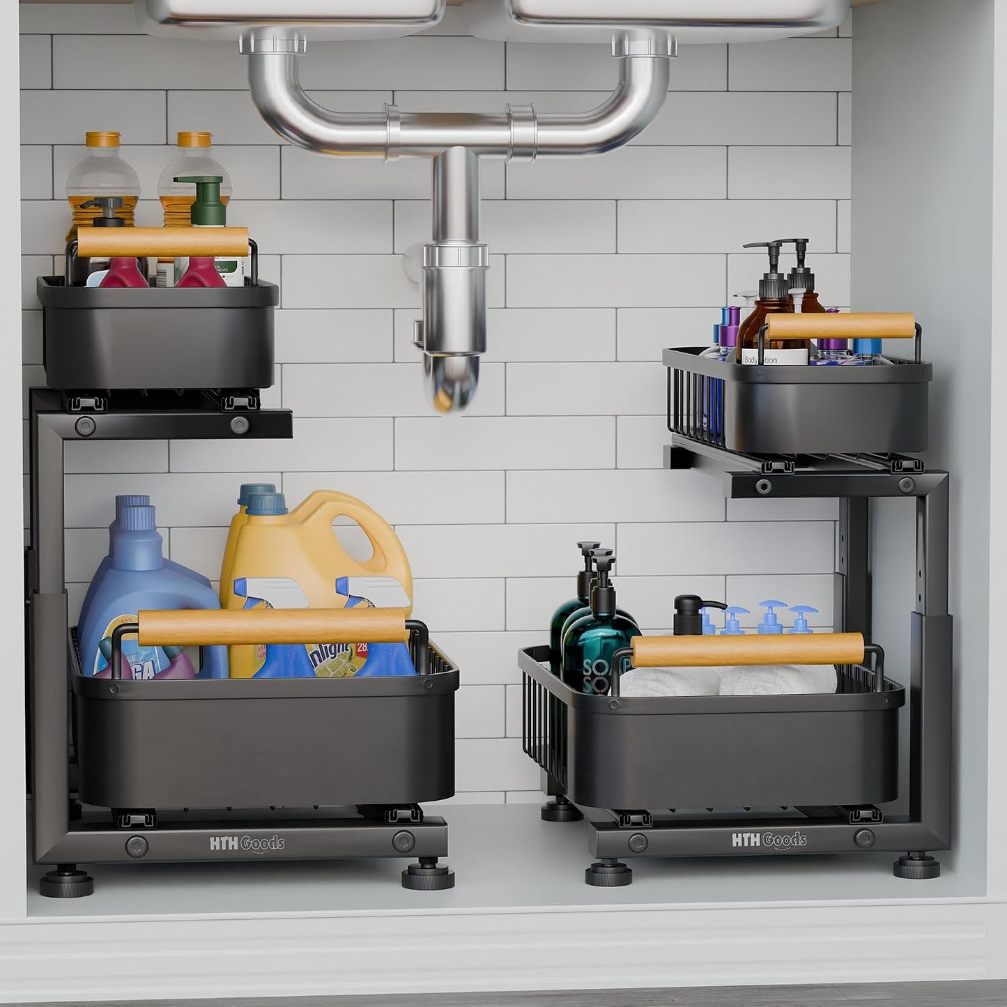 Premium Heavy Duty Carbon Steel Under Sink Organizer, Large 2 Tier Pull Out Cabinet Organizer, 7 Adjustable Heights with Smooth Ball Bearing Sliding Baskets for Bathroom & Kitchen