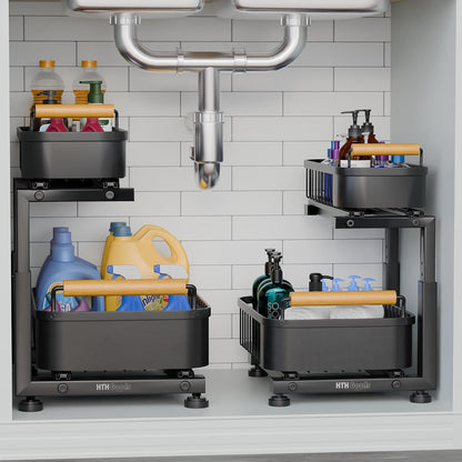 Premium Heavy Duty Carbon Steel Under Sink Organizer, Large 2 Tier Pull Out Cabinet Organizer, 7 Adjustable Heights with Smooth Ball Bearing Sliding Baskets for Bathroom & Kitchen