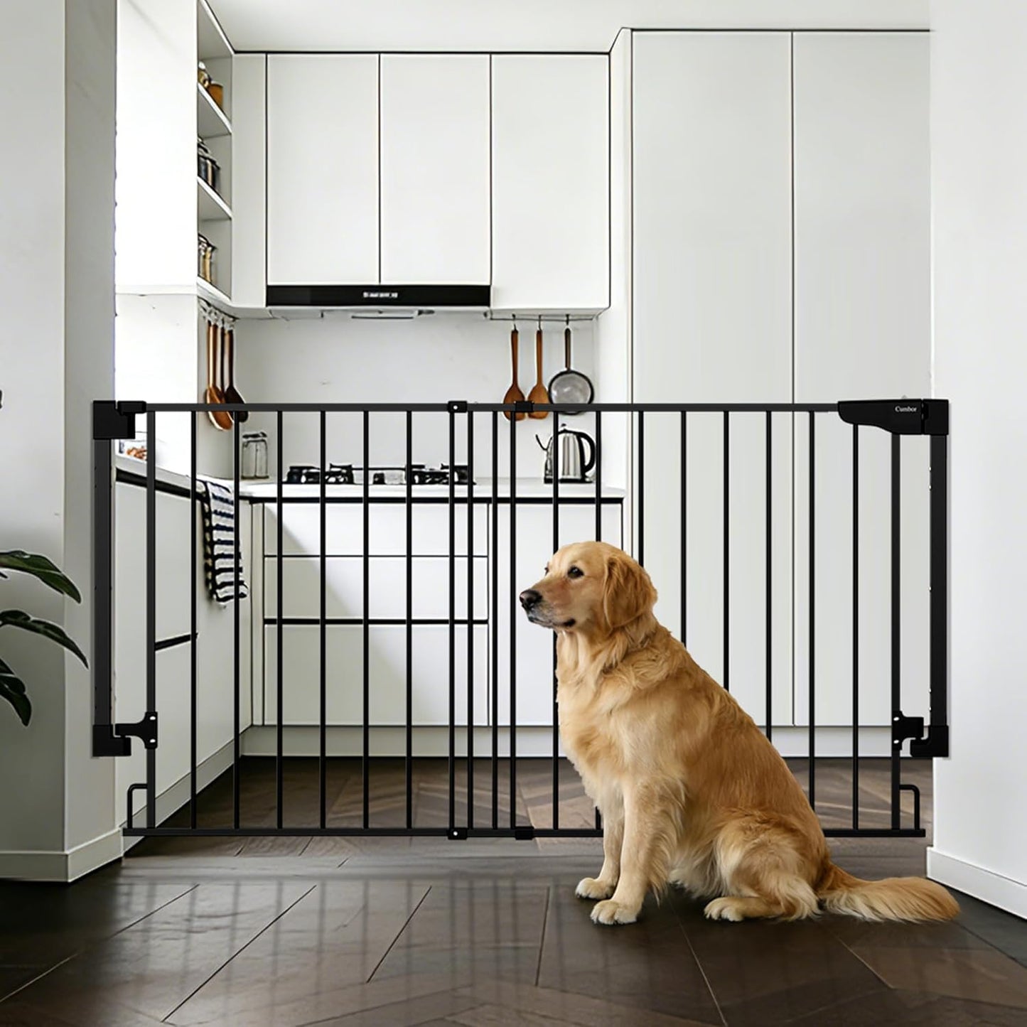 Cumbor 29.2–43" Baby Gate for Stairs, Hardware Mounted (Drill Required), Expandable No Bottom Bar Dog Gate, Auto Close Extra Wide Walk Thru, Pet & Toddler Proof Gate, Top & Bottom of Stairways (White)