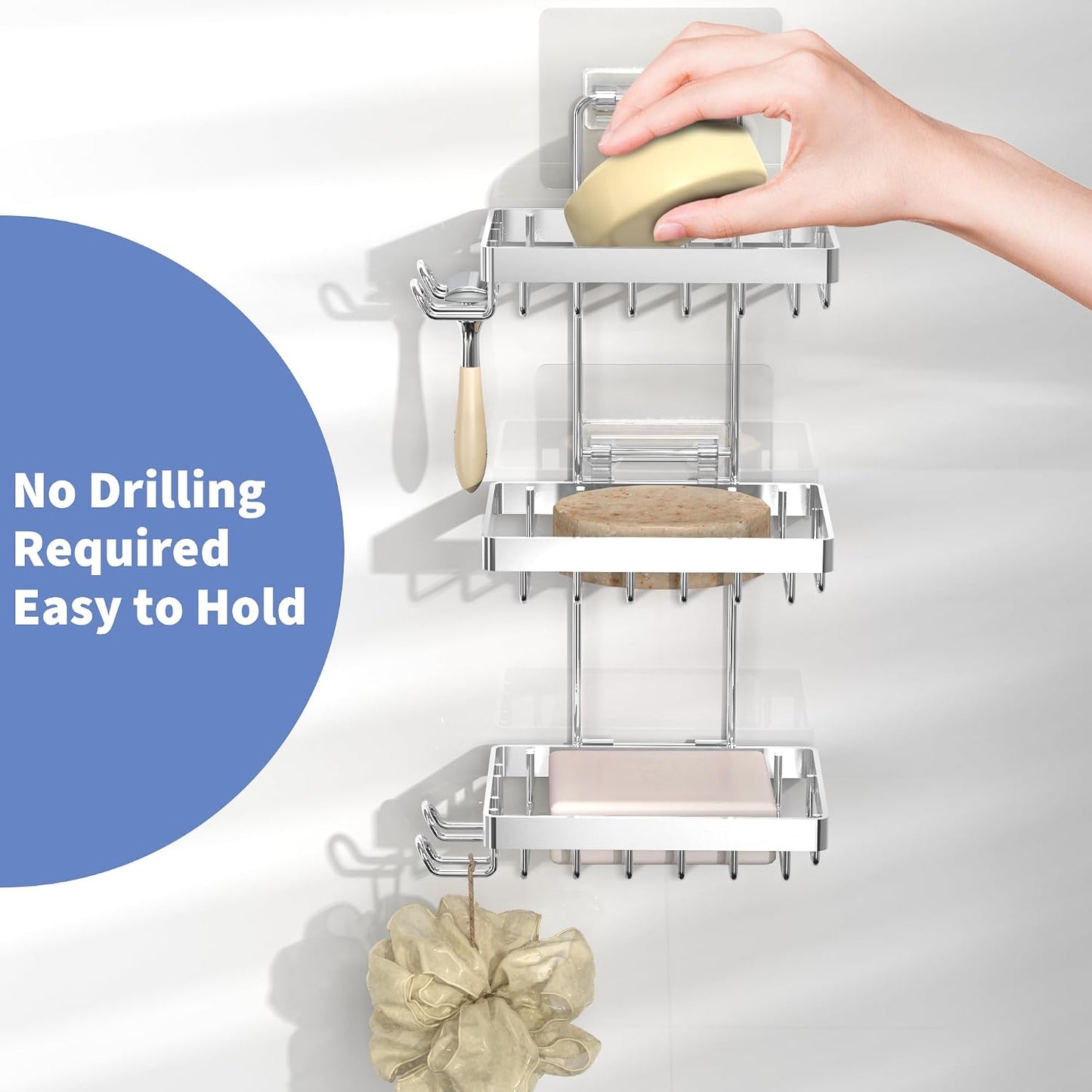 Moforoco Double Soap Bar Holder for Shower, No Drilling, 304 Stainless Steel, Wall Mounted Soap Holder with 4 Hooks and Razor Holder, Shower Rack Soap Tray Bar Soap for Bathroom Accessories Organizer