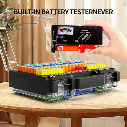 Molutsody Battery Organizer Box with Tester, Storage Case Holds 260 Batteries, Double Clear Locking Lid for AA AAA C D 9V - Red (Batteries Not Included)