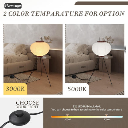 Japanese Rice Paper Floor Lamp, Cozy Paper Lamp Japandi Lantern Lights Wabi Sabi Style for Living Room Bedroom Office, 43 Inch Tripod Stand, White Lantern with E26 LED Bulb, 3000K/5000K