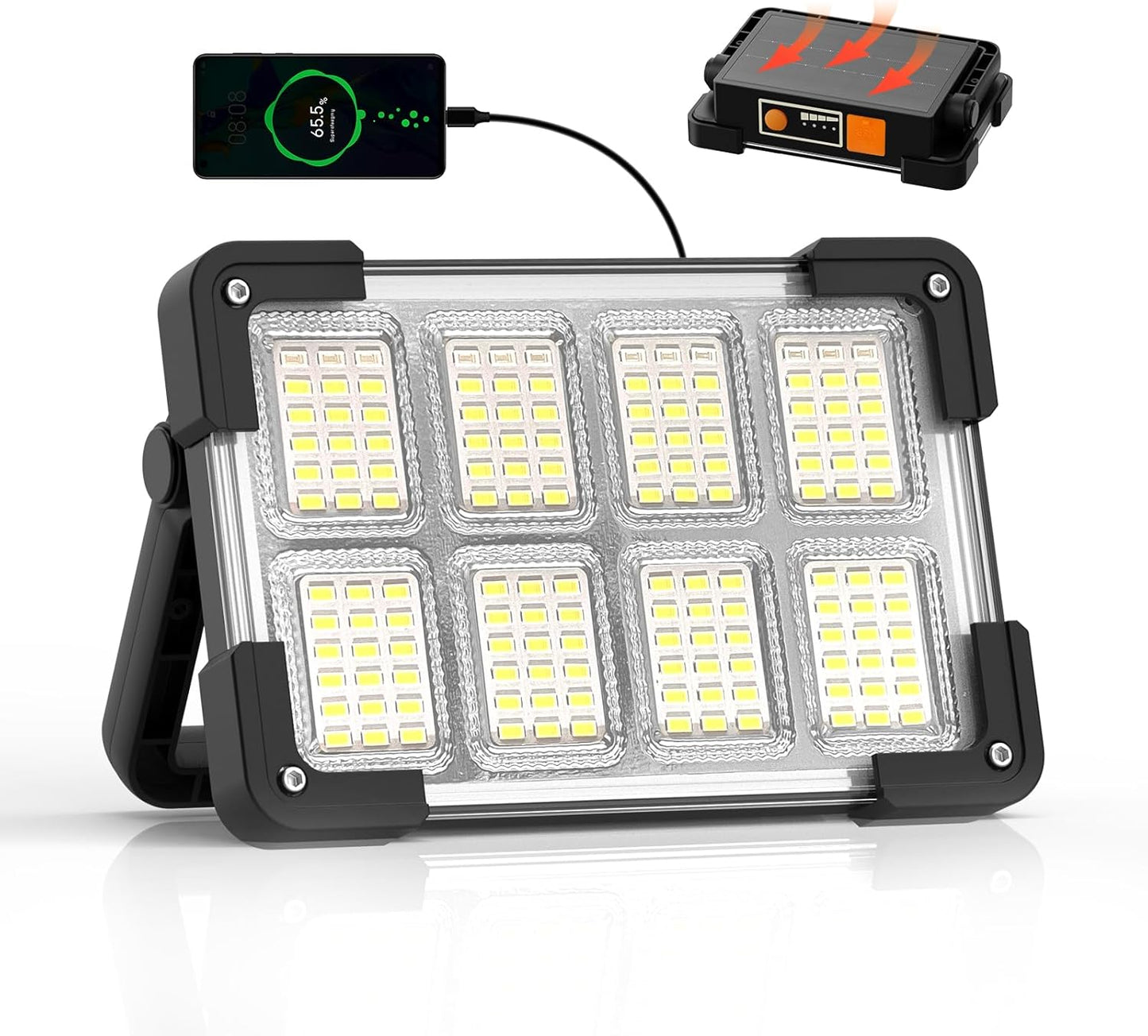 120W Solar Rechargeable Work Light, 144 LED 10000LM Led Work Light with 4 Modes, Portable Flood Light with Stand, IP66 Waterproof Outdoor Working Light for Emergency Mechanic Camping Repair (Yellow)