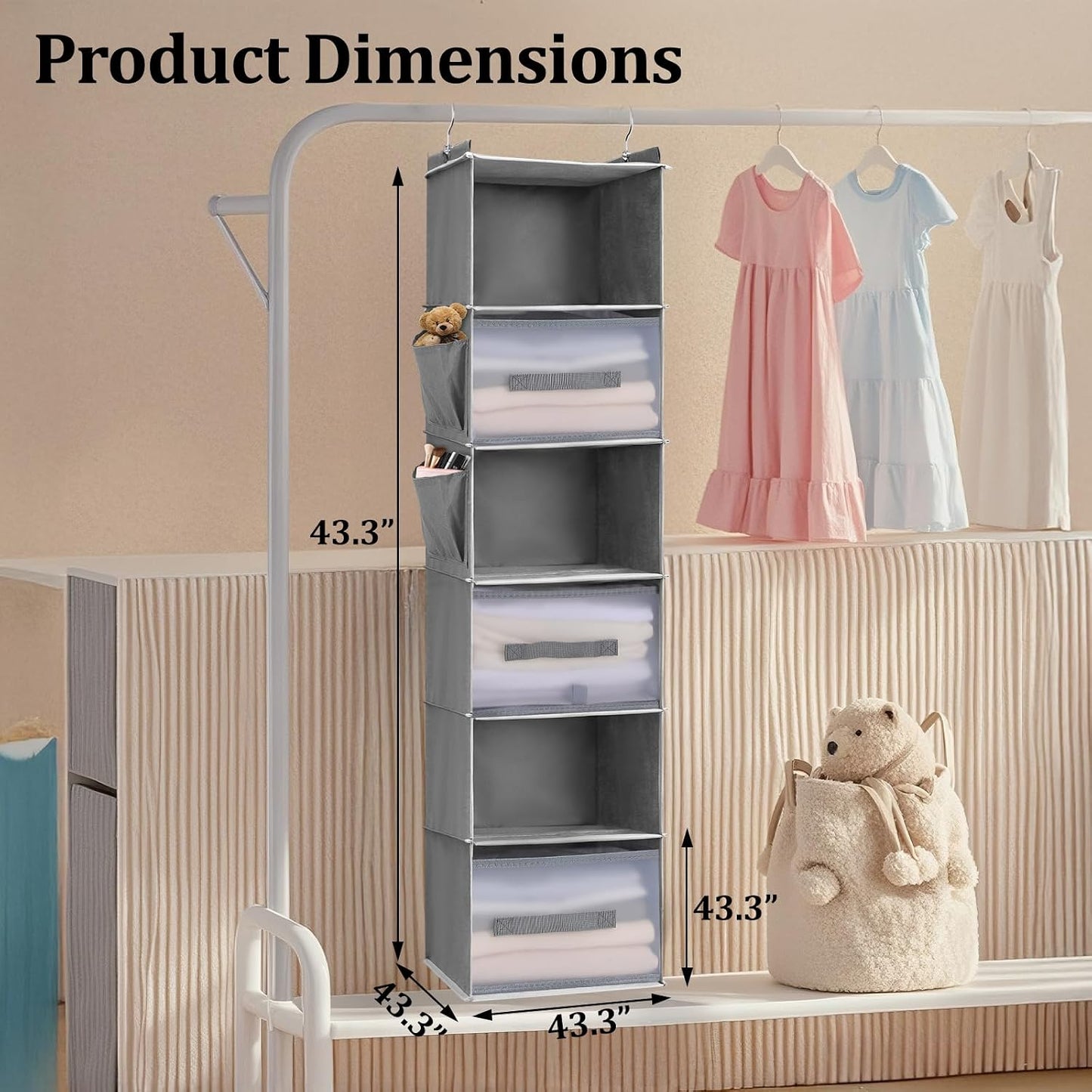 6-Shelf Hanging Closet Organizer with 3 Drawers & Side Pockets, Gray | Non-woven fabric, tool-free setup, ideal for bedrooms/dorms/RVs, 3 foldable transparent drawers for easy access