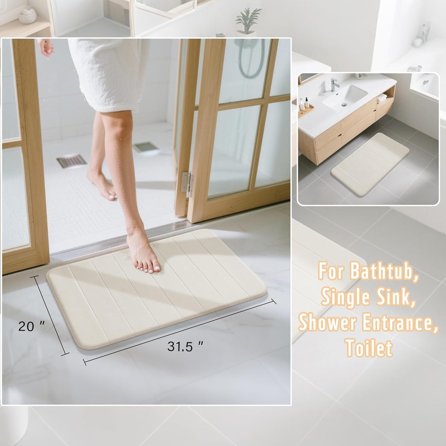 Yimobra Memory Foam Bath Mat, Super Soft Absorbent Bathroom Rug Non Slip, Quick Dry, Machine Washable Floor Carpet for Tub Shower, Home Decor Accessories, 24x17, Grey