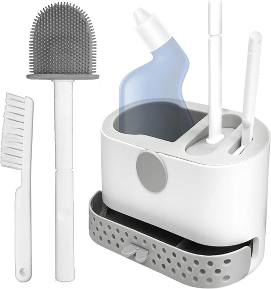 Silicone Toilet Brush and Holder Set with 2 Toilet Bowl Brushes, Ventilation Slots Base