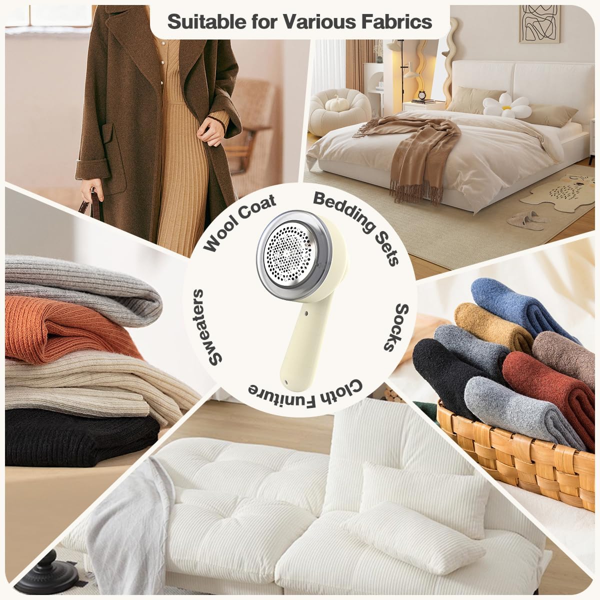 Fabric Shaver Lint Remover Rechargeable, Clothes Shaver Pill Remover with 6-Leaf Blades LED Digital Display 3-Gears Adjustable for Clothing Couch Furniture, Cream White