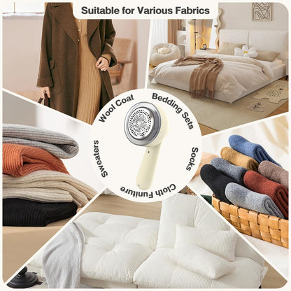 Fabric Shaver Lint Remover Rechargeable, Clothes Shaver Pill Remover with 6-Leaf Blades LED Digital Display 3-Gears Adjustable for Clothing Couch Furniture, Cream White