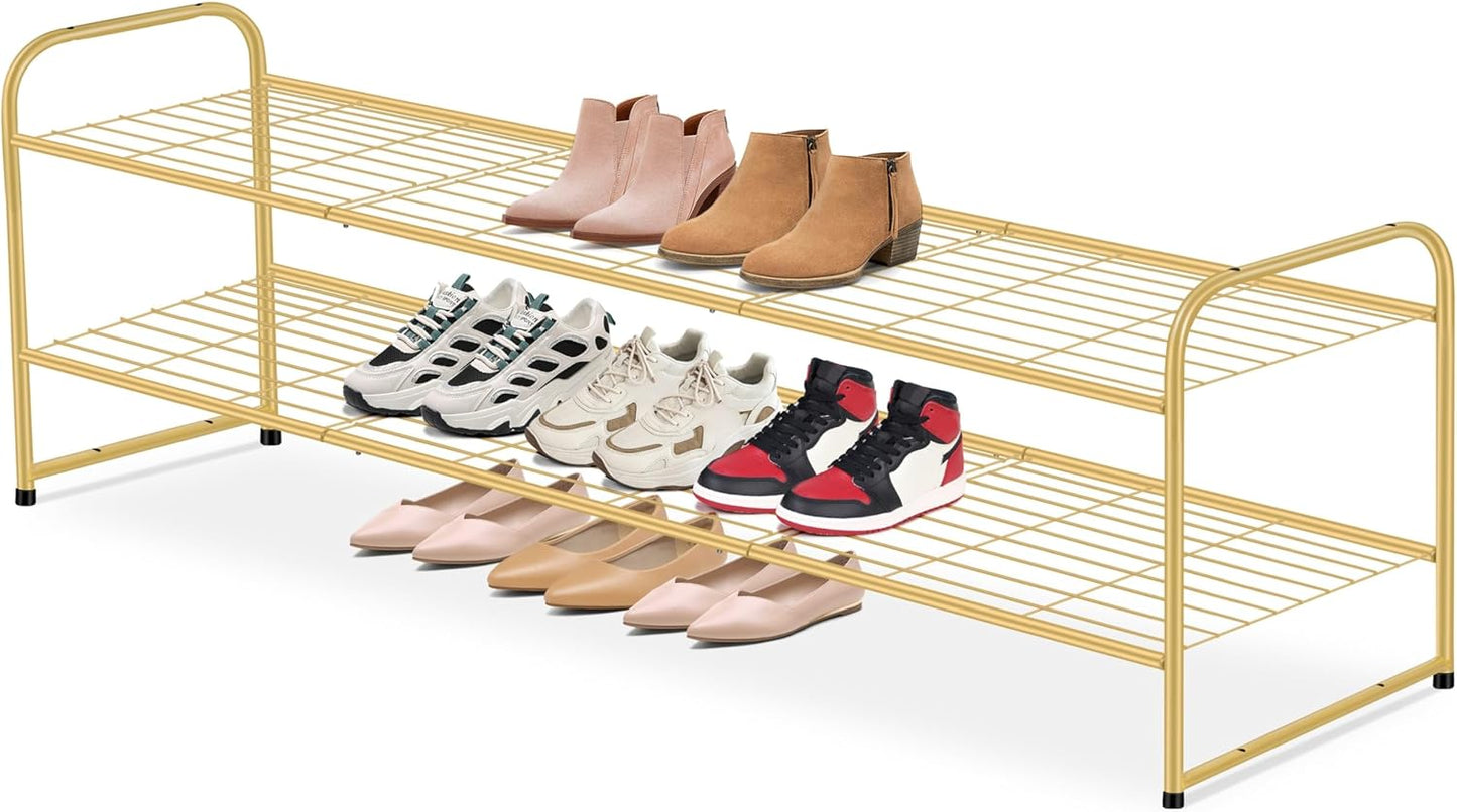 AOODA Long 3 Tier Metal Shoe Rack for Closet Wide Stackable Shoe Storage Organizer for Entryway, Bedroom, Floor, 24-Pairs Men Sneakers Shoe Shelf with Wire Grid, Black