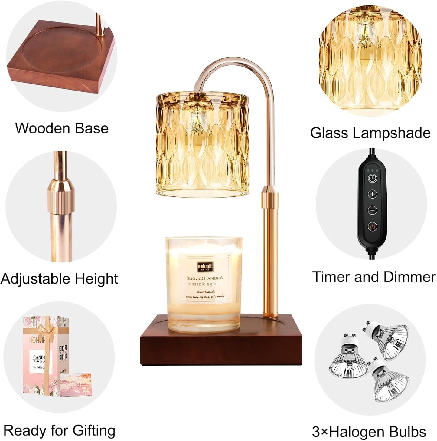 Candle Warmer Lamp with Timer & Dimmer, Candle Warmer Height Adjustable, Fits All Jar Scented Candles, Candle Lamp with 3 Bulbs, Charming Gift Box with Ribbon for Gifting