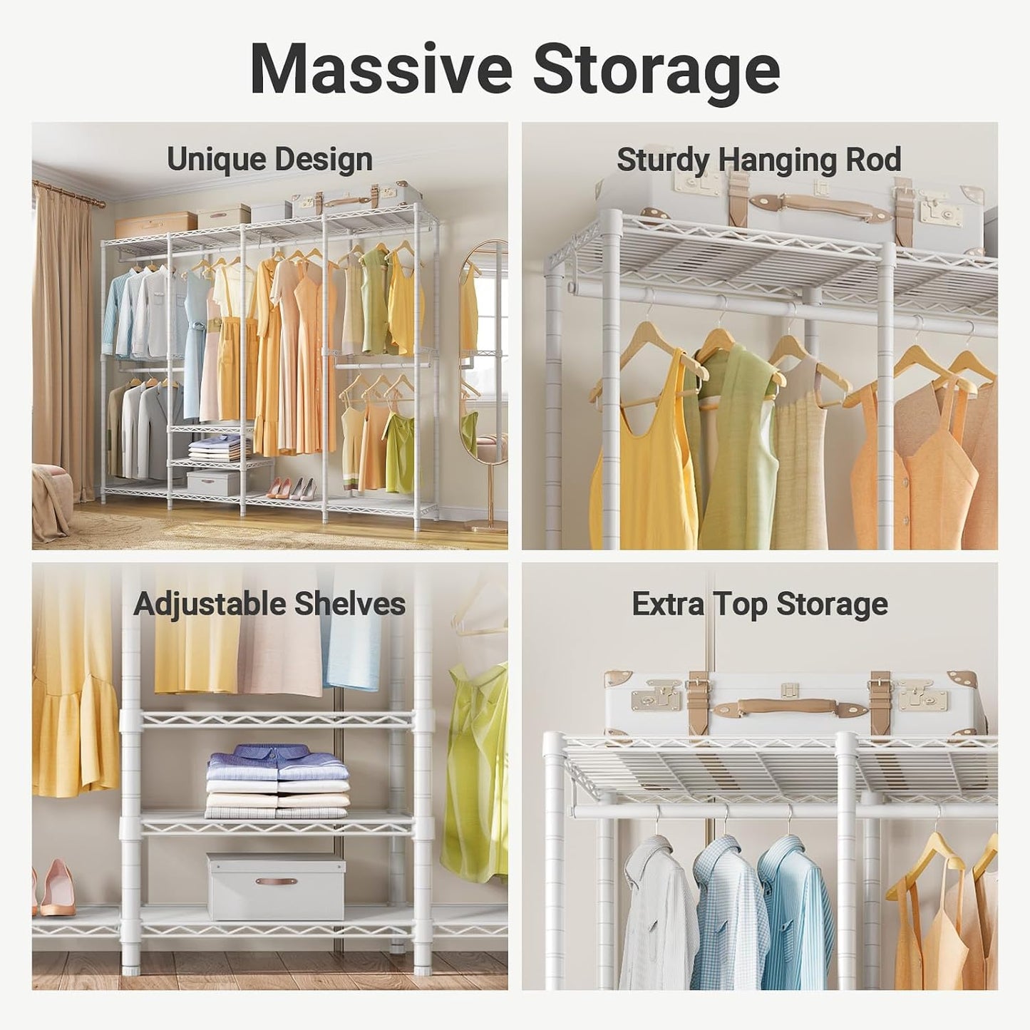 VIPEK V40 Heavy Duty Clothes Rack, 1110lbs Capacity Sturdy Metal Garment Rack, Clothing Rack with 6 Shelves & 4 Hang Rods, Adjustable Open Wardrobe Closet Organizer for Bedroom/Apartment/Retail, Black