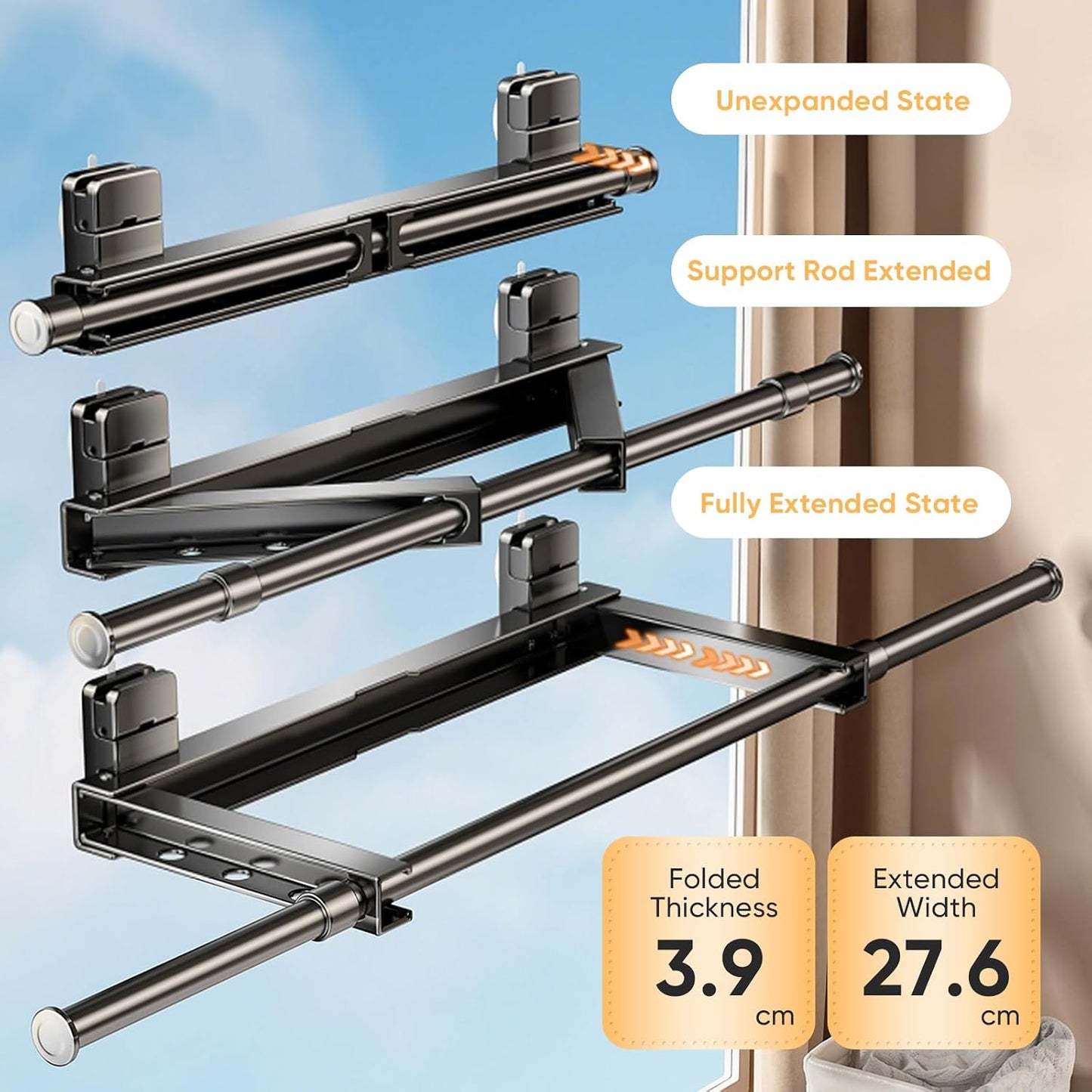 Wall Mounted Drying Rack, Laundry Clothes Drying Rack Foldable, Suction Cup and Telescopic Clothes Drying Pole, Rust-Resistant Carbon Steel No-Drill, Suitable for Flat Surfaces