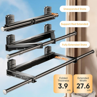 Wall Mounted Drying Rack, Laundry Clothes Drying Rack Foldable, Suction Cup and Telescopic Clothes Drying Pole, Rust-Resistant Carbon Steel No-Drill, Suitable for Flat Surfaces