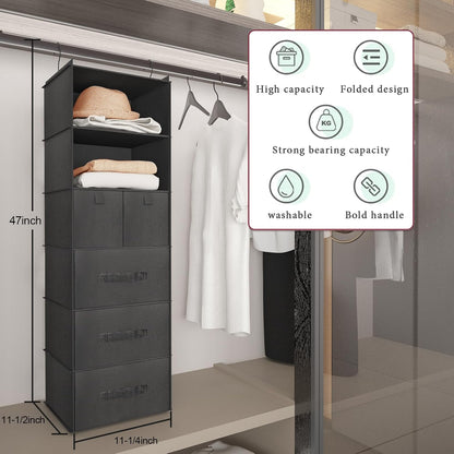 6-Shelf Hanging Closet Organizer with 5 Drawers, Non-Woven Storage, Black | Spacious compartments sort clothes & undergarments; foldable drawers add hidden storage for closets, wardrobes or RVs.