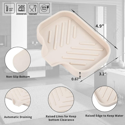 MicoYang Silicone Soap Dish with Drain Spout, Self-Draining Sink Organizer Tray for Bathroom and Kitchen, Sponges, Dispensers and Soap Holder, Non-Slip & Dishwasher Safe, Tapioca (Compact, 4.9"×3.2")