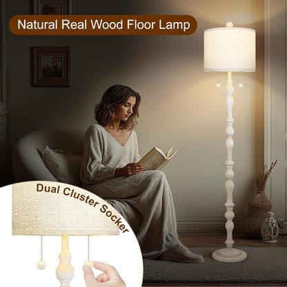 Scenekoy 65.5” Natural Real Wood Floor Lamp for Living Room Bedroom, Dual S Cluster Socket, Pull Chains Switch, Farmhouse Tall Standing Lamp with Linen Shade for Home Room Decor (Bulbs Included)