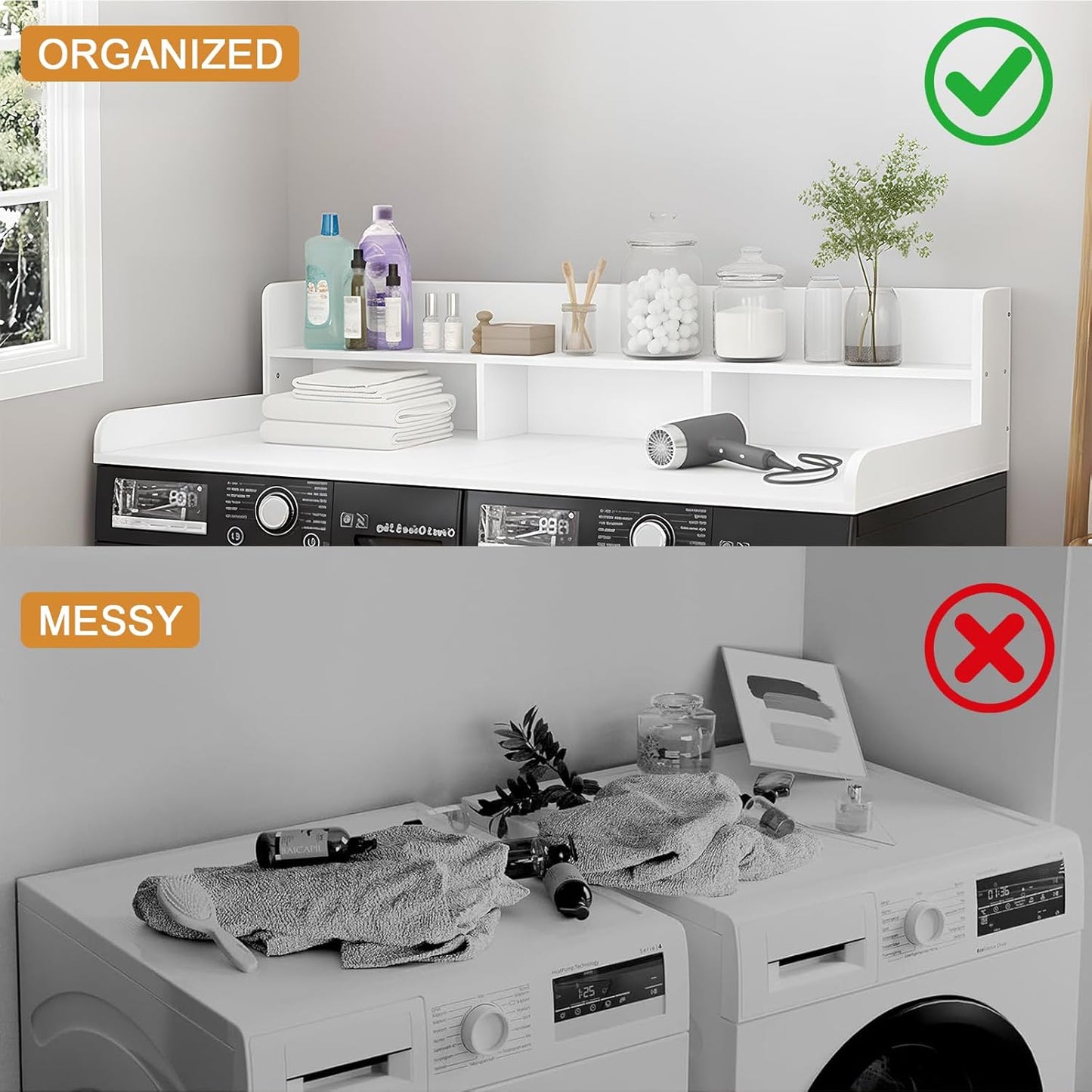 Washer Dryer Countertop with Shelf, 2-Tier Laundry Countertop Over Washer and Dryer, 54" x 27.55" Wooden Table for Folding Clothes for Laundry Room Organization and Storage (Black)