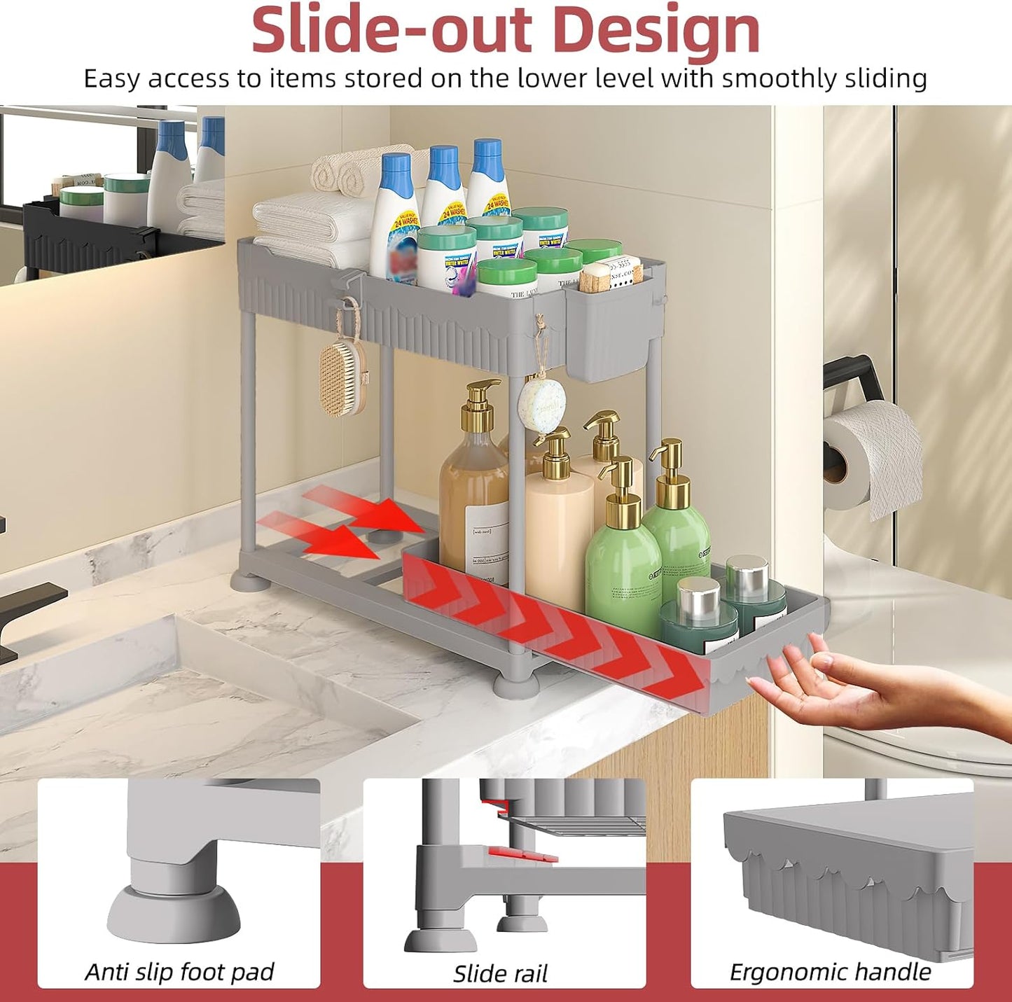 Sevenblue 4-Pack 2-Tier Under Sink Organizer with Pull Out Drawers | Multi-use kitchen & bathroom storage. Includes hanging hooks and cups. Black, space-saving cabinet design.