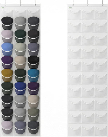 Baseball Hat Rack, 24 Pocket Over-The-Door Hat Organizer with Clear Deep Pockets to Display Baseball Caps Collection, Complete with 3 Over Door Hooks (Black, 24 Pockets)
