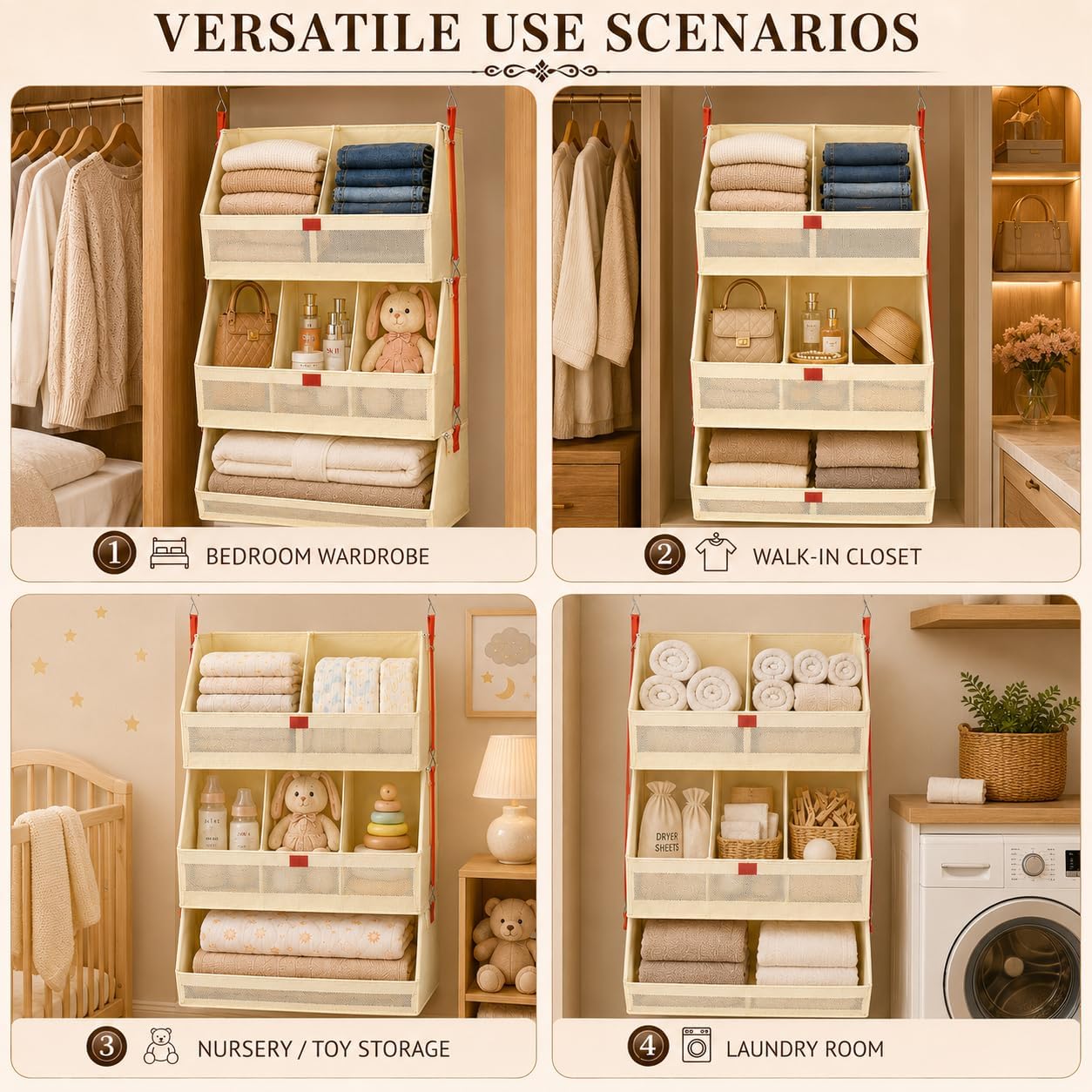 Fabric 4 Tier Hanging Closet Organizers Heavy Duty Shelf Hanging Storage Towel Clothes Sweater Jeans Bag Organizer For Closet For Bedroom,Dorm,RV,See Through Front Panel, Space-Saving (Beige-4Tier)