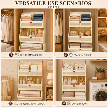 Fabric 4 Tier Hanging Closet Organizers Heavy Duty Shelf Hanging Storage Towel Clothes Sweater Jeans Bag Organizer For Closet For Bedroom,Dorm,RV,See Through Front Panel, Space-Saving (Beige-4Tier)
