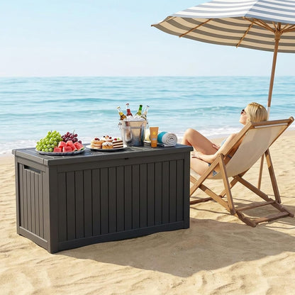 MAKINO 152 Gallon Resin Outdoor Storage Box, Waterproof Deck Box with Lockable Lid, Outside Storage Box for Patio Furniture, Pool Accessories, Garden Tools, Storage Bench for Backyard, Porch, Black