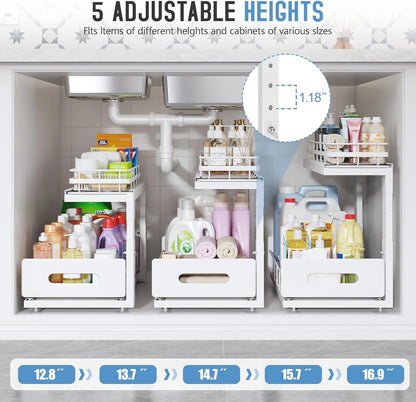 Under Sink Organizer Upgrade To Professional Rails,2-Tier Dual Pull Out Cabinet Storage,Height Adjustable Slide Out Drawers For Bathroom Kitchen,2 Pack-14.5" Dx12.8-16.9" H,White