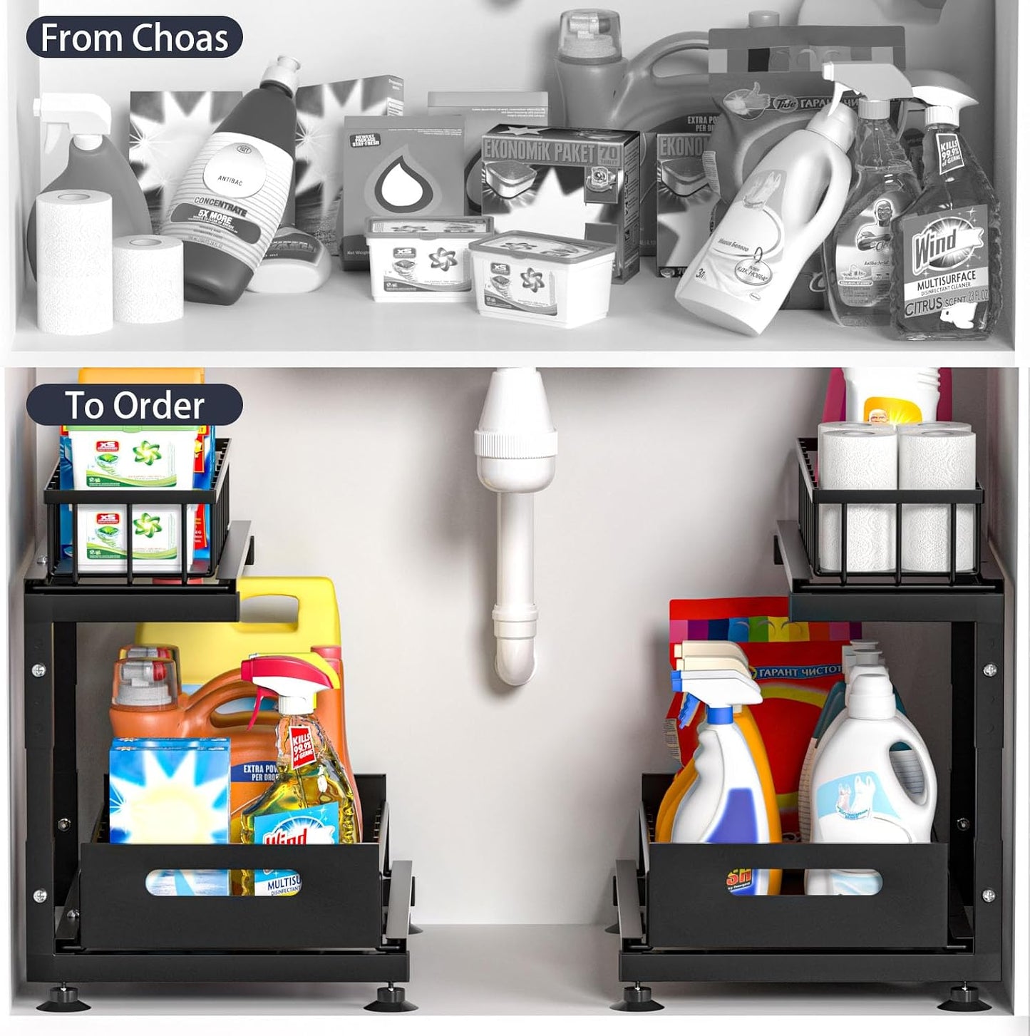 Saydear L-Shaped Under Sink Organizer, 2-Tier Pull-out Cabinet Rack 1-Pack | Black Height-Adjustable Metal Rack, Sliding Grid Drawers with Safety Stopper, Holds 100 Lbs, Ideal Kitchen Cabinet Storage