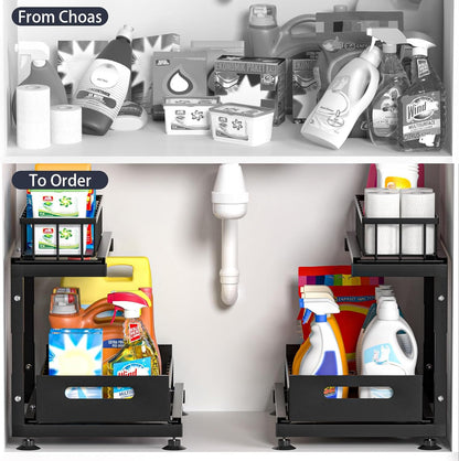 Saydear L-Shaped Under Sink Organizer, 2-Tier Pull-out Cabinet Rack 1-Pack | Black Height-Adjustable Metal Rack, Sliding Grid Drawers with Safety Stopper, Holds 100 Lbs, Ideal Kitchen Cabinet Storage