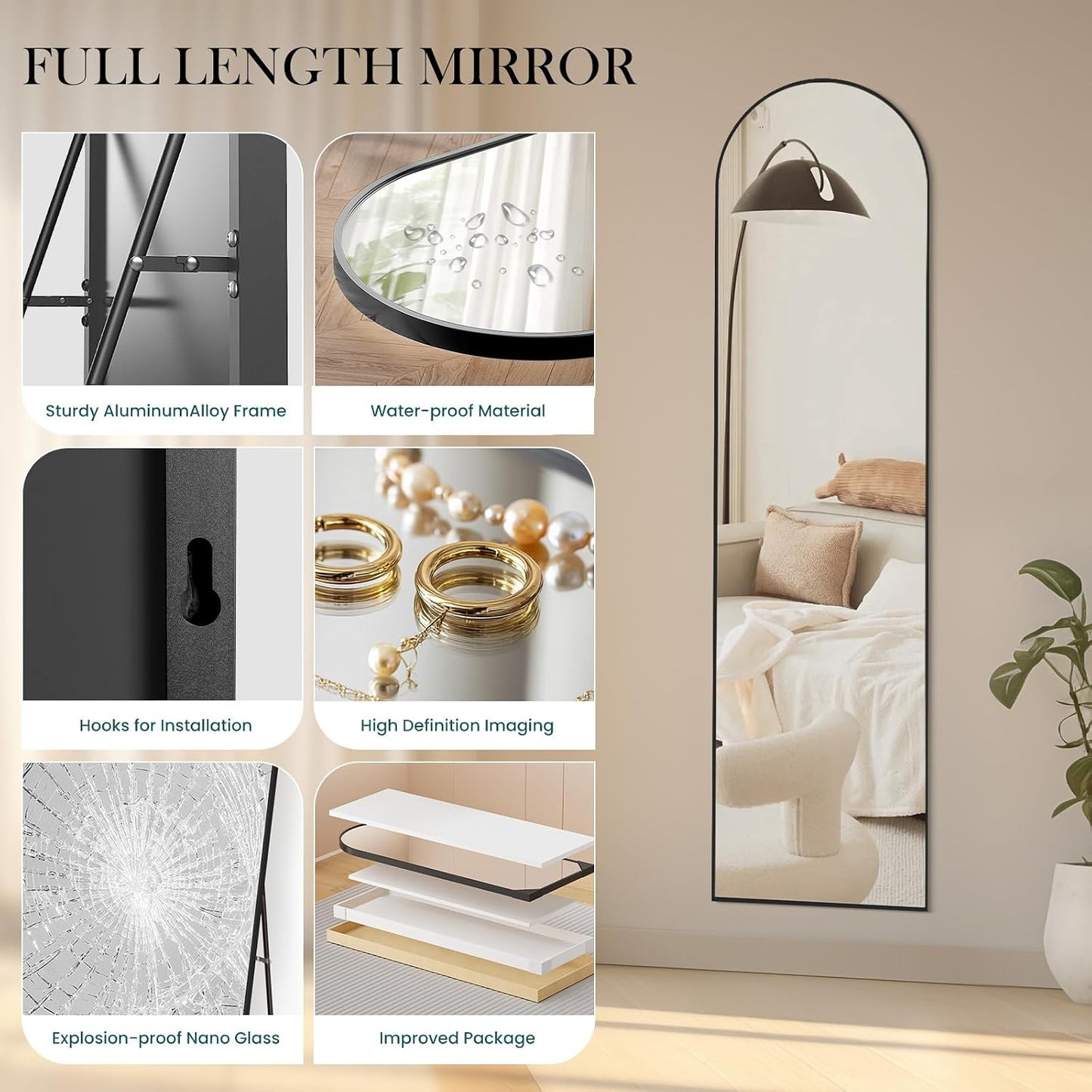 Arched Mirror Full Length, Upgraded 16"x59" Body Wall Mirrors with Shatter-Proof Glass, Floor Standing, Hanging or Leaning, Tall Arch Mirror with Stand Aluminum Alloy Frame for Bedroom Cloakroom