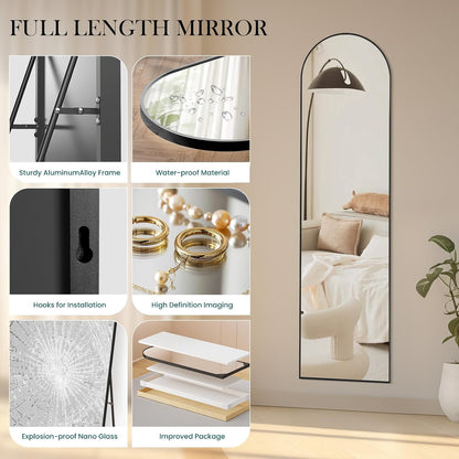 Arched Mirror Full Length, Upgraded 16"x59" Body Wall Mirrors with Shatter-Proof Glass, Floor Standing, Hanging or Leaning, Tall Arch Mirror with Stand Aluminum Alloy Frame for Bedroom Cloakroom