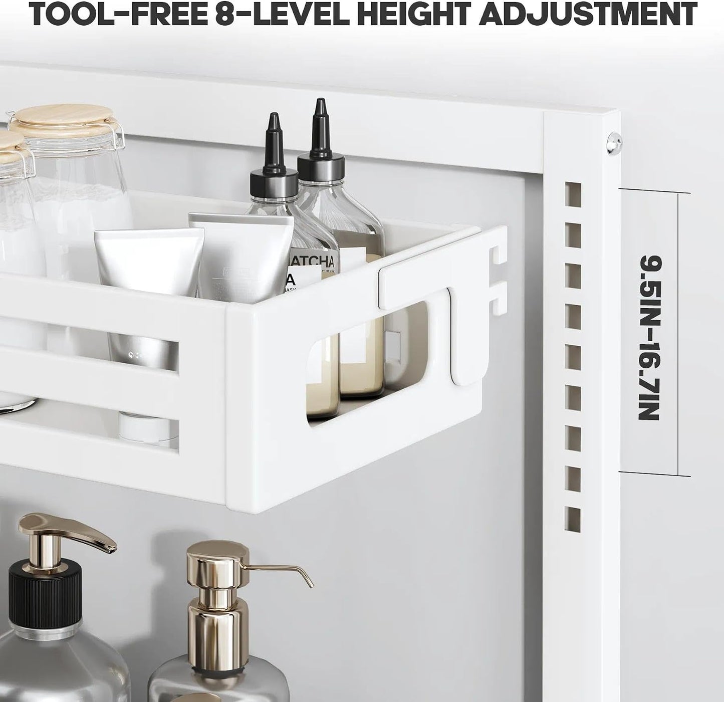 2 Pack Under Sink Organizer,Pull Out Cabinet Organizer with Smooth Cylindrical Rail,Metal Slide Out Drawer for Kitchen Bathroom Laundry Cabinet,8-Level Tool Free Height Adjustable-Black