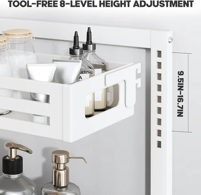 2 Pack Under Sink Organizer,Pull Out Cabinet Organizer with Smooth Cylindrical Rail,Metal Slide Out Drawer for Kitchen Bathroom Laundry Cabinet,8-Level Tool Free Height Adjustable-Black