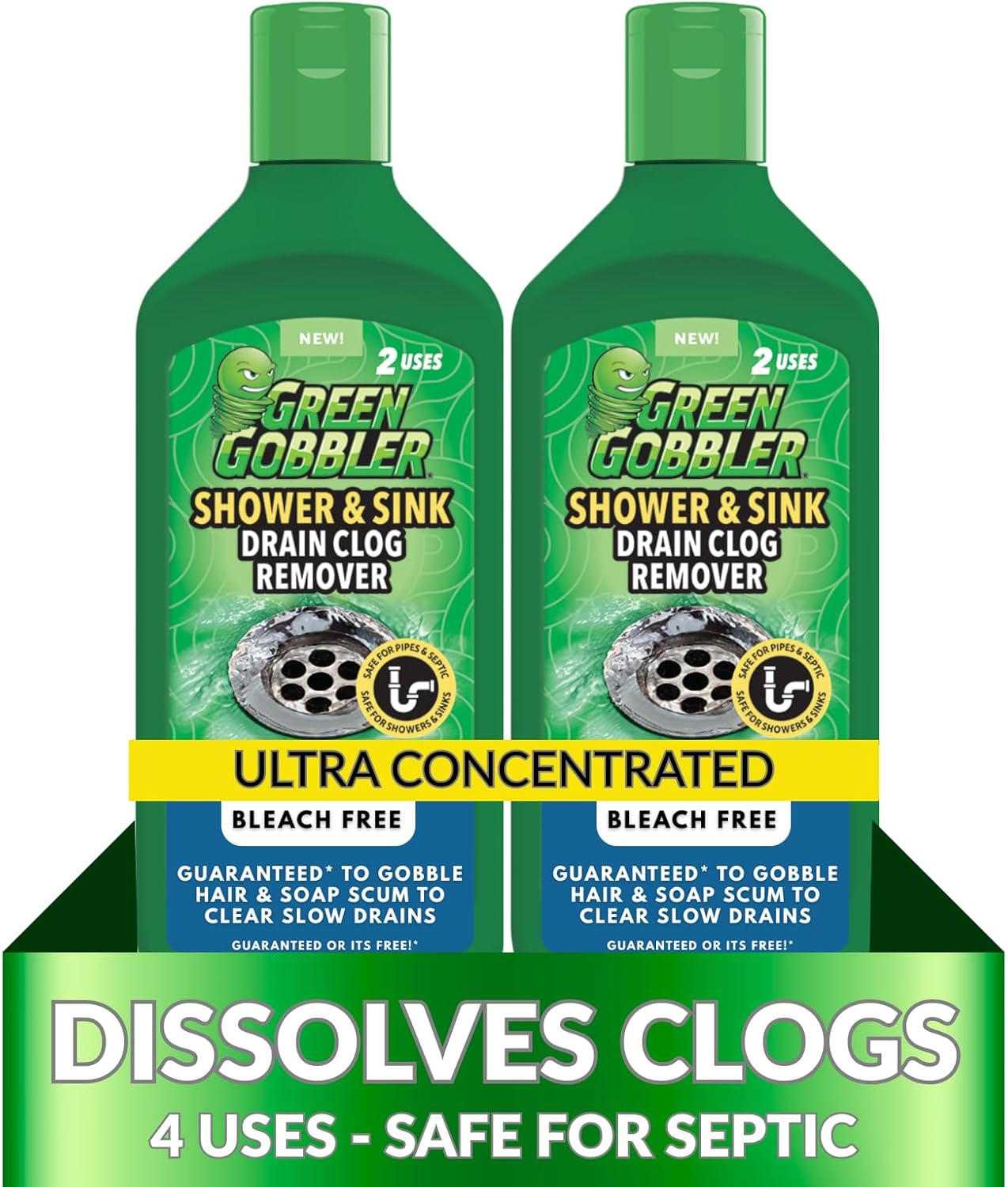 Green Gobbler Ultra Concentrated Drain Clog Remover & Cleaner | Powerful Hair, Grease & Soap Dissolver for Bathroom, Kitchen, Shower, Sink & Toilet | Safe for Pipes & Septic Systems