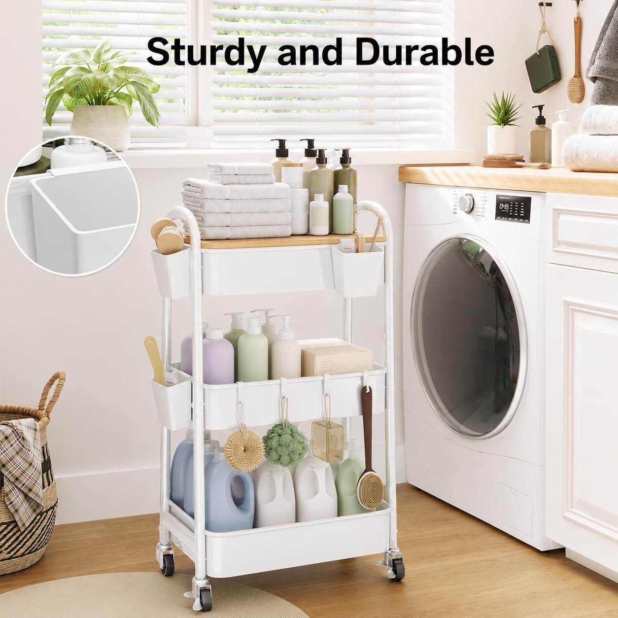 3 Tier Rolling Cart with Wheels, White Plastic Three Tiered Roller Shelf Cart on Lockable Wheels, Small Utility Storage Organzier Carts for Craft, Art, Baby Diaper Caddy, Snack, Dorm, Kitchen,Bathroom