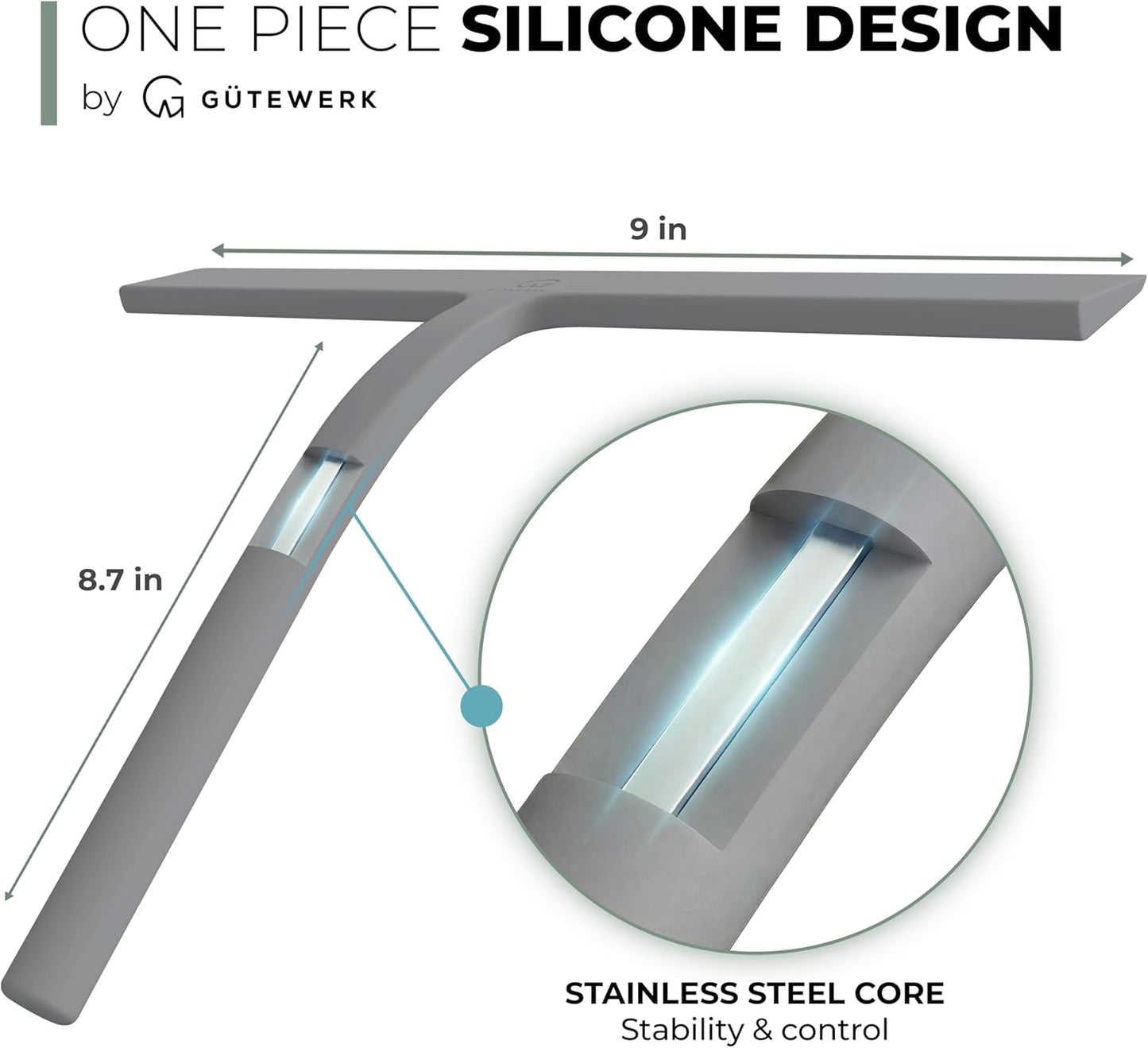 GÜTEWERK Silicone Shower Squeegee for Glass Doors & Mirrors with Stainless Steel Core, Streak-Free & No-Squeak Window Cleaning, 3-in-1 No-Drill Mount (Hook/Suction/Adhesive),White, 9 Inches